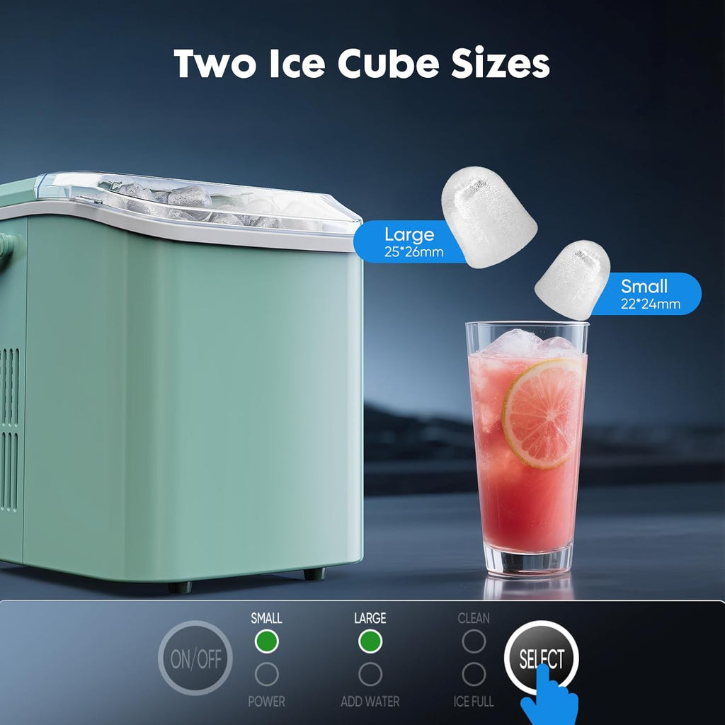 Countertop Ice Maker with Scoop, Basket and Handle, Portable Ice Machine 9 Ice Cubes Ready in 6 Mins, 26.5lbs