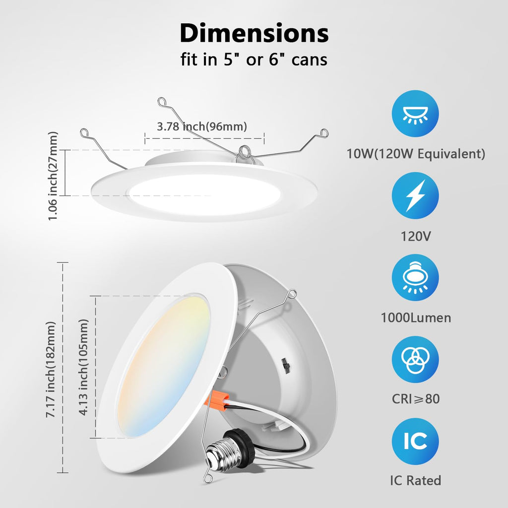 6 Inch Recessed Lights, 5CCT LED Can Lights, Dimmable, 6 Pack,White
