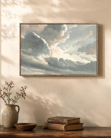 Wood Framed Canvas, Vintage Cloud Sky Landscape Print