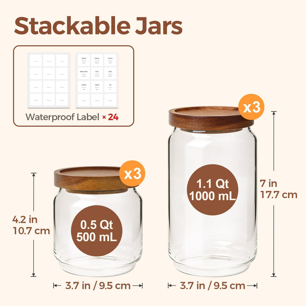 Glass Pantry Storage Container with Acacia Wood Lids 1.1/0.5Qt 6Pack