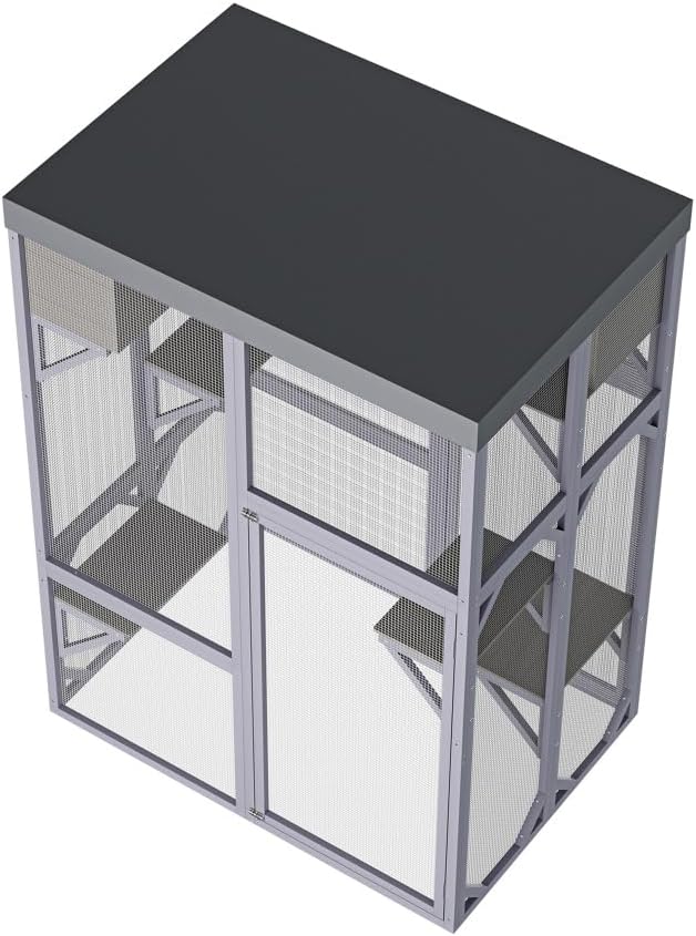 Outdoor Wooden Catio Multi-Functional Cat Enclosure, 4 Platforms & 2 Napping Houses, 2 Strong Locks, Rounded Corner