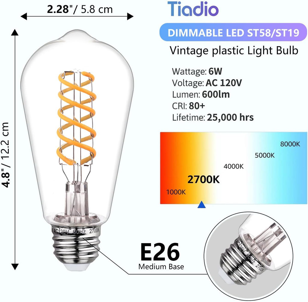 Vintage LED Edison Bulbs 60W Equivalent- ST58/ST19 6W E26 Dimmable Light Bulbs, 2700K Filament Decorative