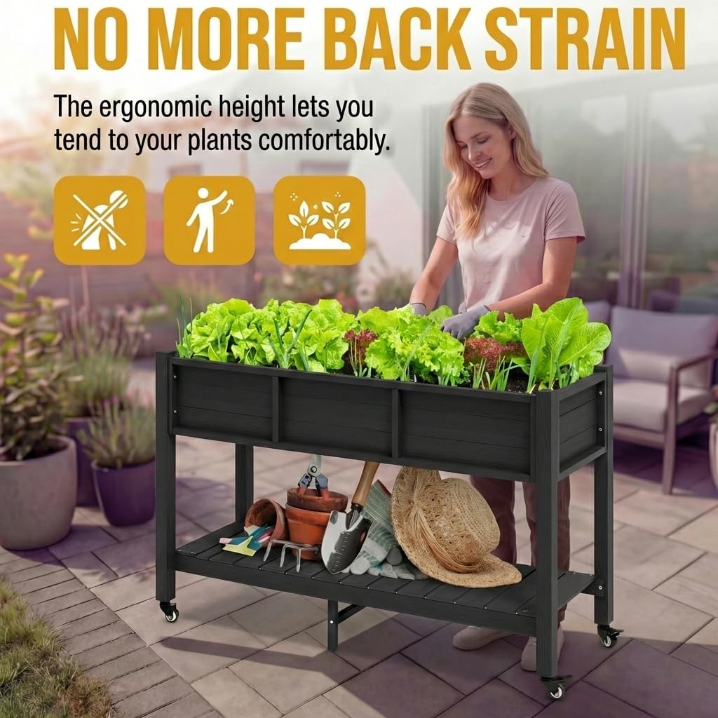 47x18x31in Raised Garden Bed Outdoor HDPE with Legs and Lockable Wheels, Weather-Resistant Poly-Wood Elevated Planter
