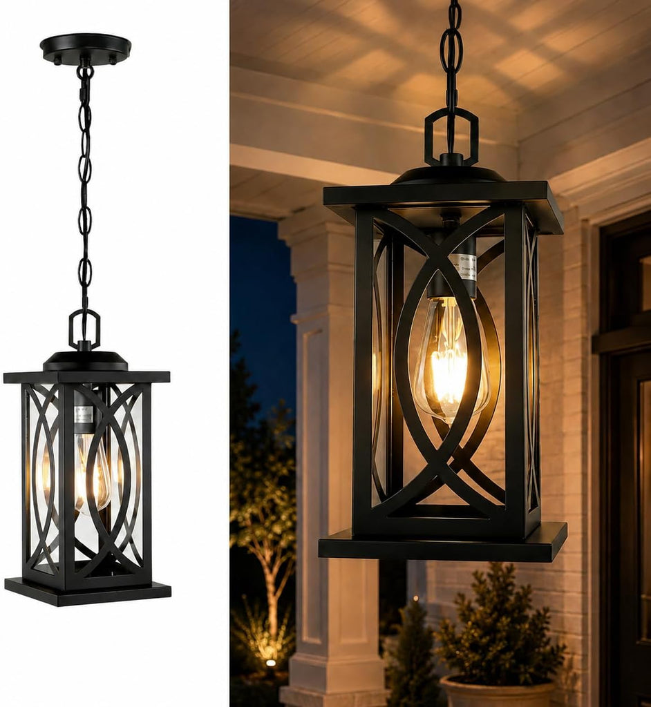 Outdoor Pendant Light, Farmhouse Hanging Lantern Light Fixture with Clear Glass Shade