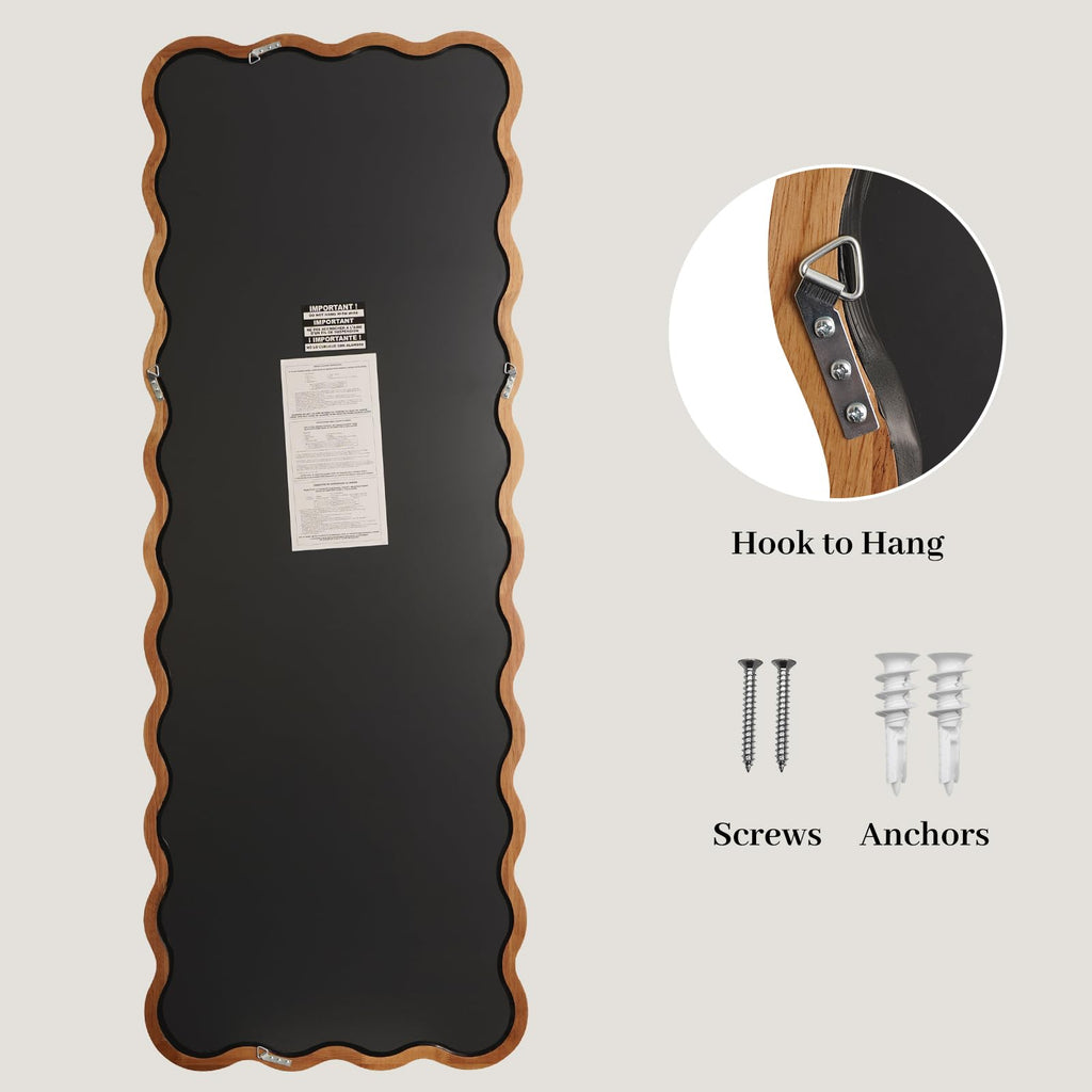 24"x65" Full Length Mirror with Wood Frame, Natural Wood Wavy Mirror, Decorative Floor or Wall Mounted Mirror and