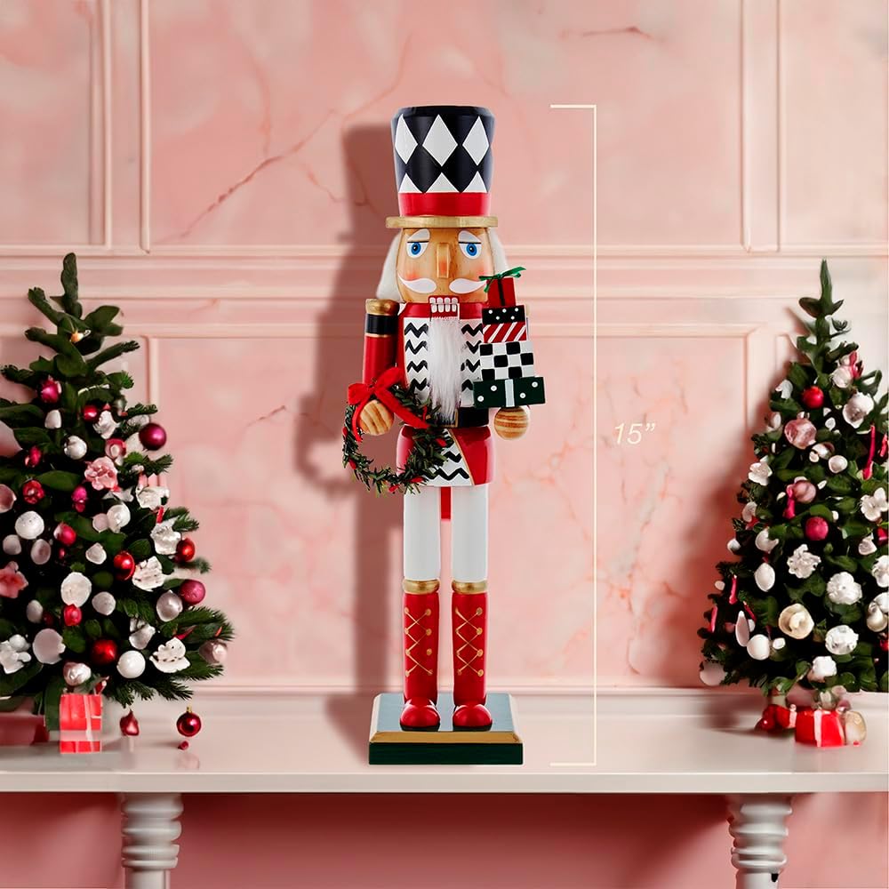 15-Inch Red, White and Black Nutcracker with Gift Box and Wreath