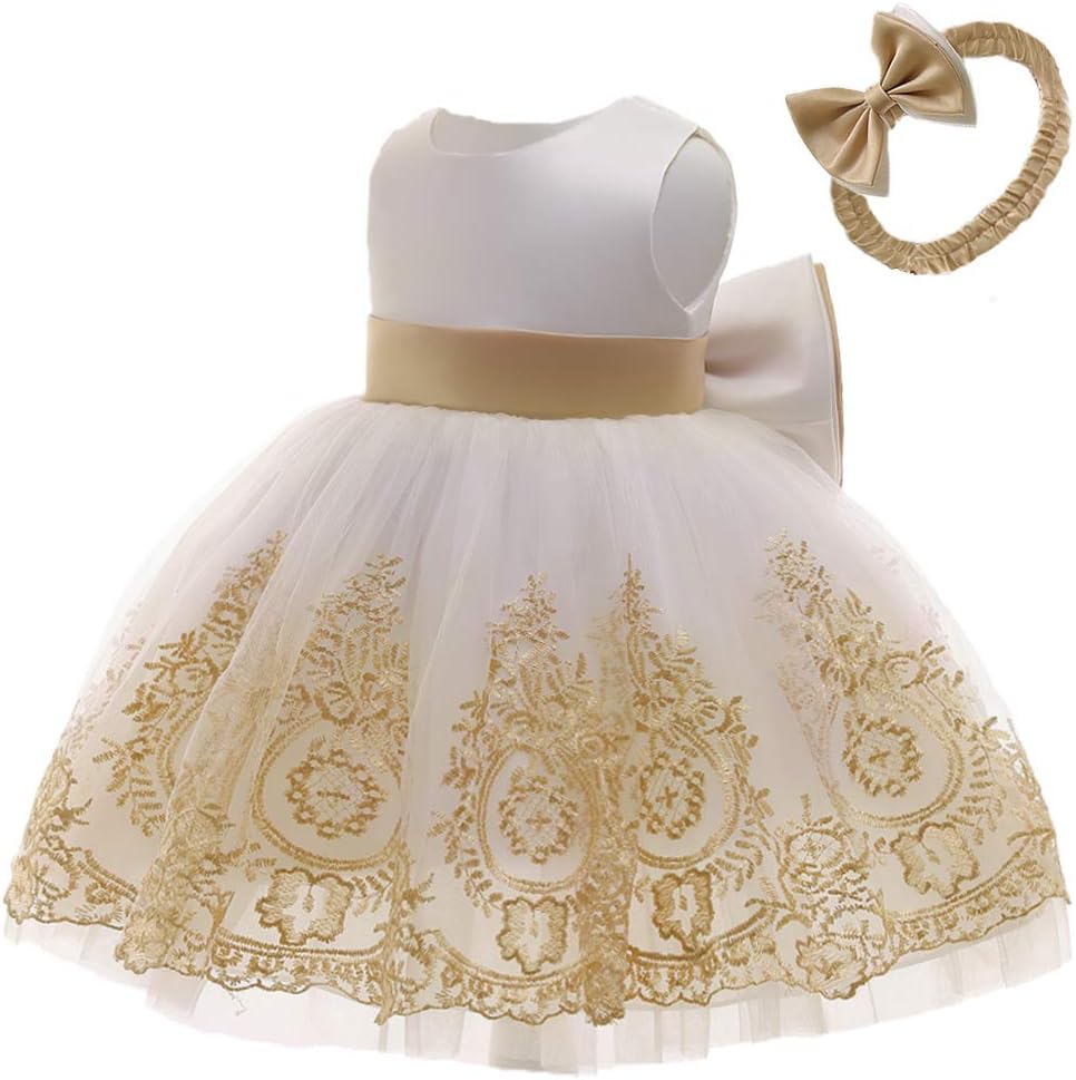Big Bowknot Toddler Baby Girls Formal Dresses Pageant Party Lace Embroidery Dress with Headwear