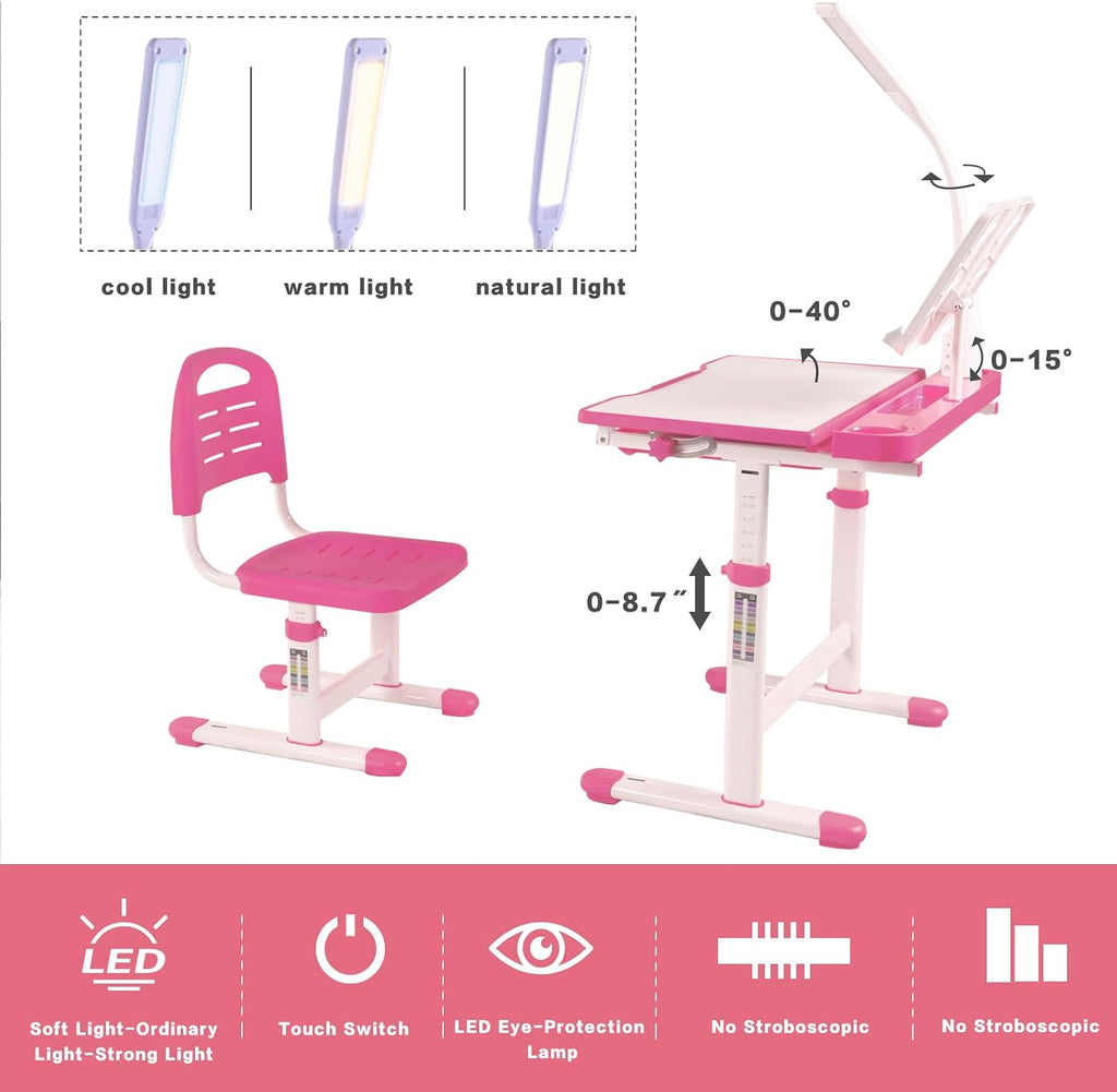 Adjustable Kids Desk and Chair Set, Ergonomic Study Desk for Children with Adjustable Height, Degree Tiltable