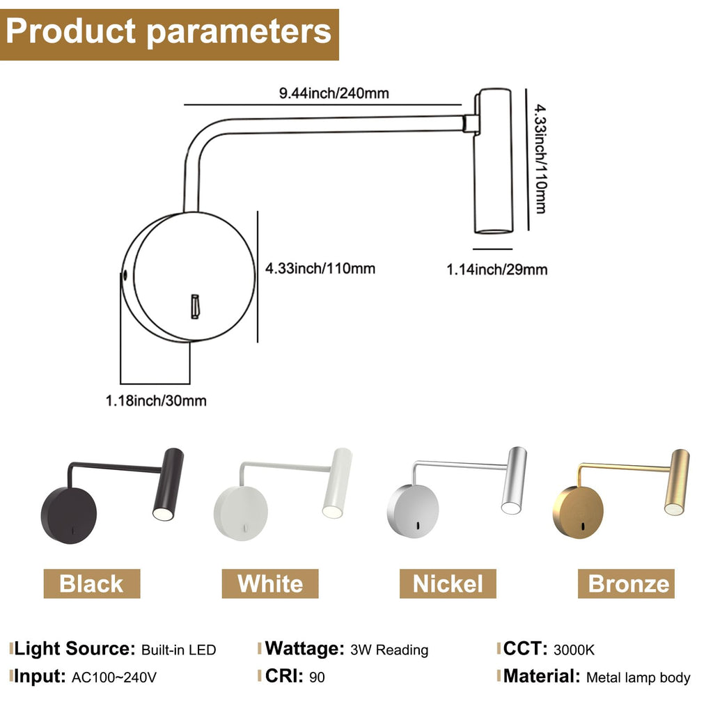 Wall Mounted Reading Light LED Hardwired Sconce with Switch on/Off Modern 3000K Swing Arm Bedside Wall Mount Lamp