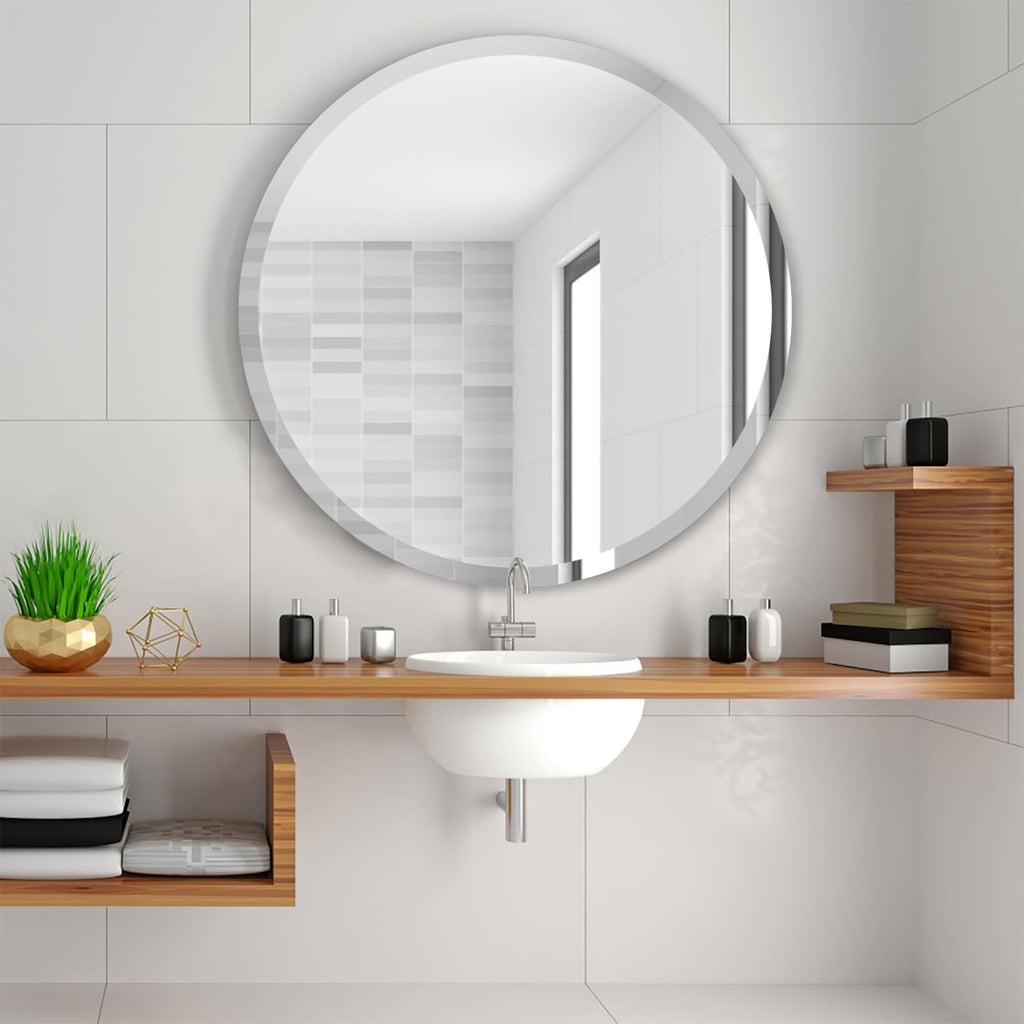 28 Inch Round Frameless Bathroom Mirror, Beveled Round Mirror