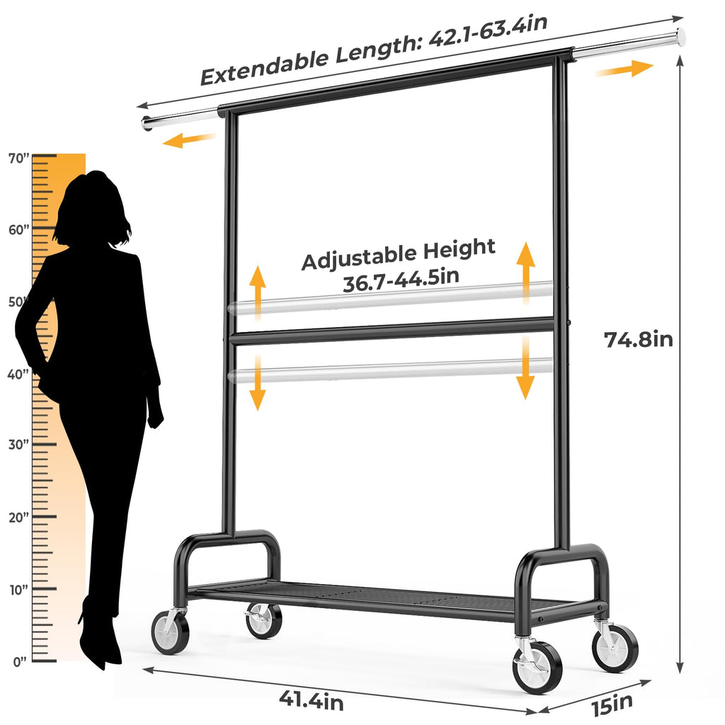 Heavy Duty Clothes Rack Load 860LBS, Double Rods Rolling Clothing Racks for Hanging Clothes, Rolling Garment Rack