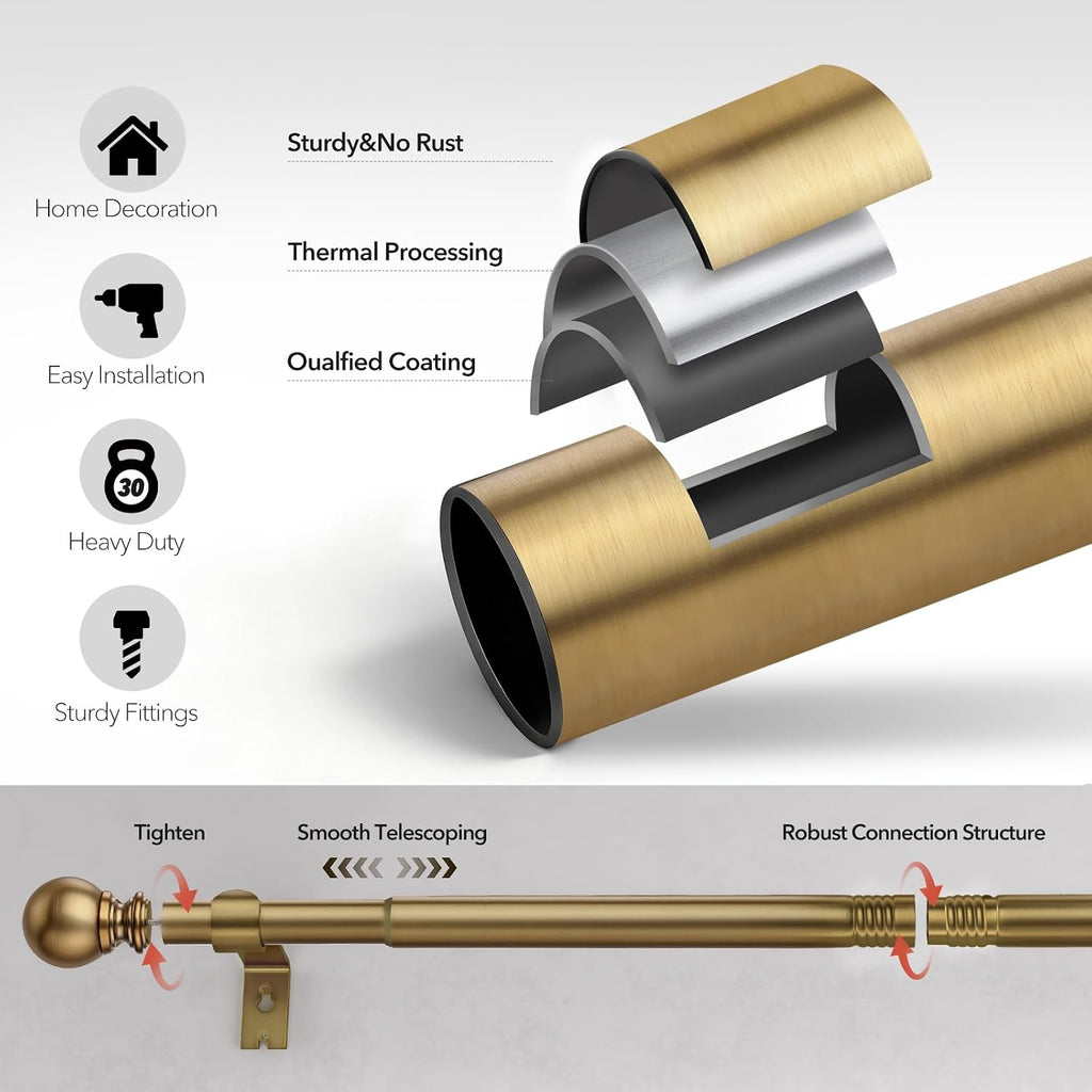 Brush Gold Curtain Rods for Windows, 1 Inch Brass Heavy Duty Curtain Rods Adjustable and Easy