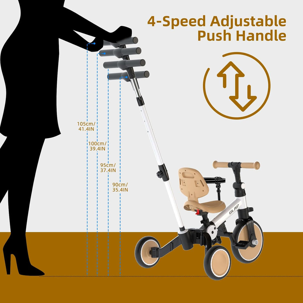 5 in 1 Tricycle with Push Handle for Toddlers 1-3 Years (White Brown)