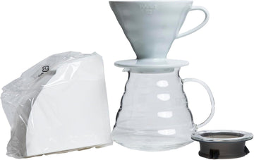 V60 Coffee Pour Over Kit Bundle Set - Comes with Ceramic Dripper, Range Server Glass Pot, Measuring Spoon, and 100