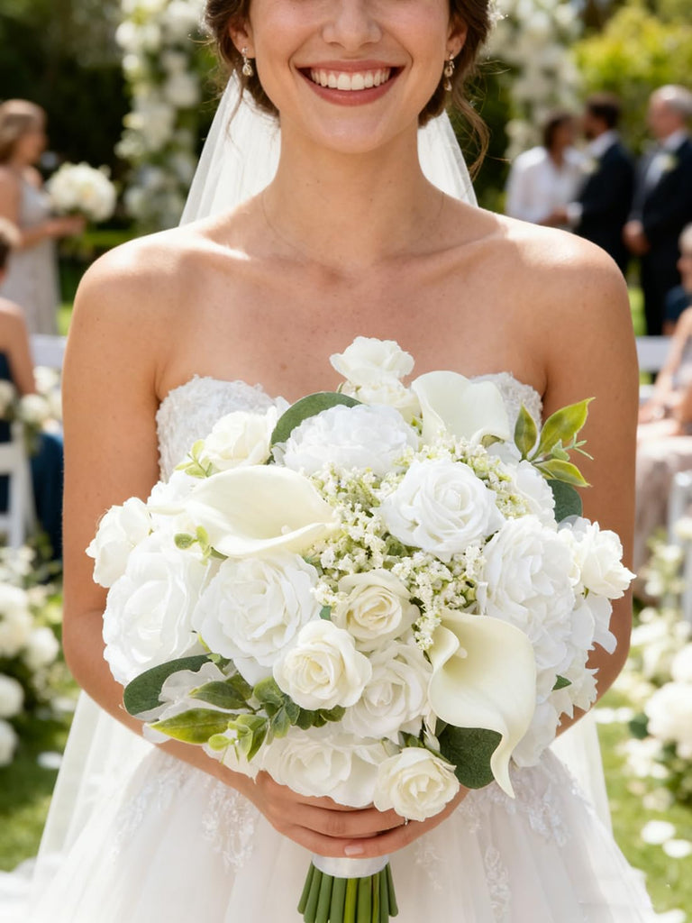 9'' White Artificial Wedding Bouquet - Peony, Rose & Calla Lily Bridal Bouquets for Bride Bridesmaids | Wedding