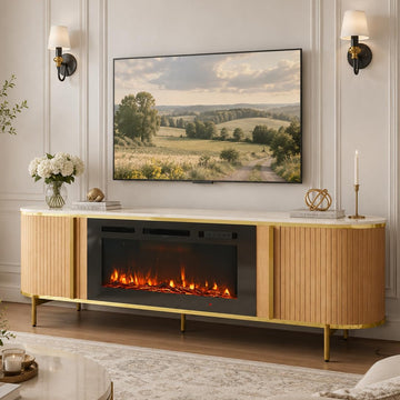 Luxury Fluted TV Stand with Fireplace, 70 inch, Oak