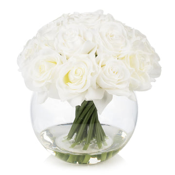 16 Heads Silk Rose Artificial Flowers in Vase, Faux Rose Flowers Arrangement in Round Bowl Vase with Faux Water for