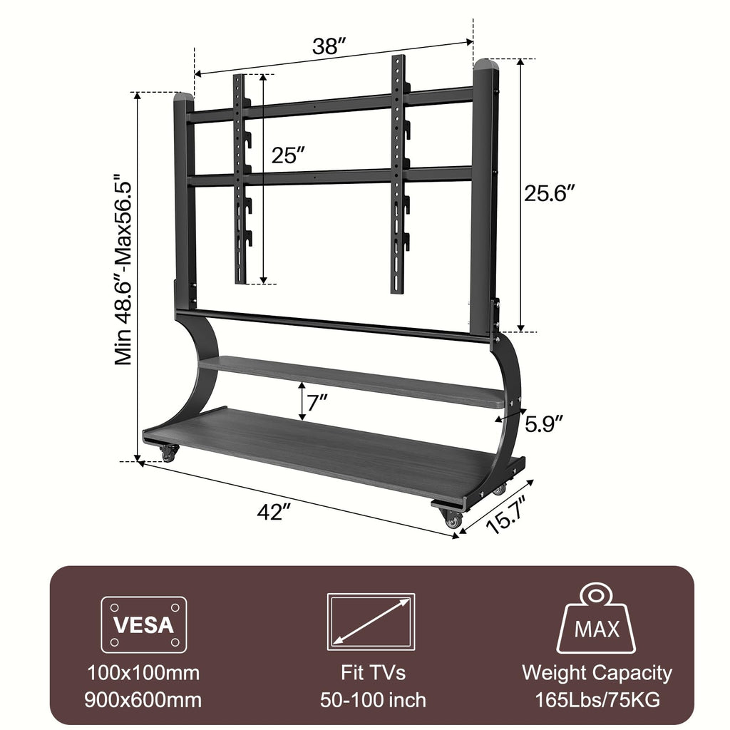 Easel Rolling TV Stand on Wheels for 50-100 Inch TVs with 2-Tier Shelves