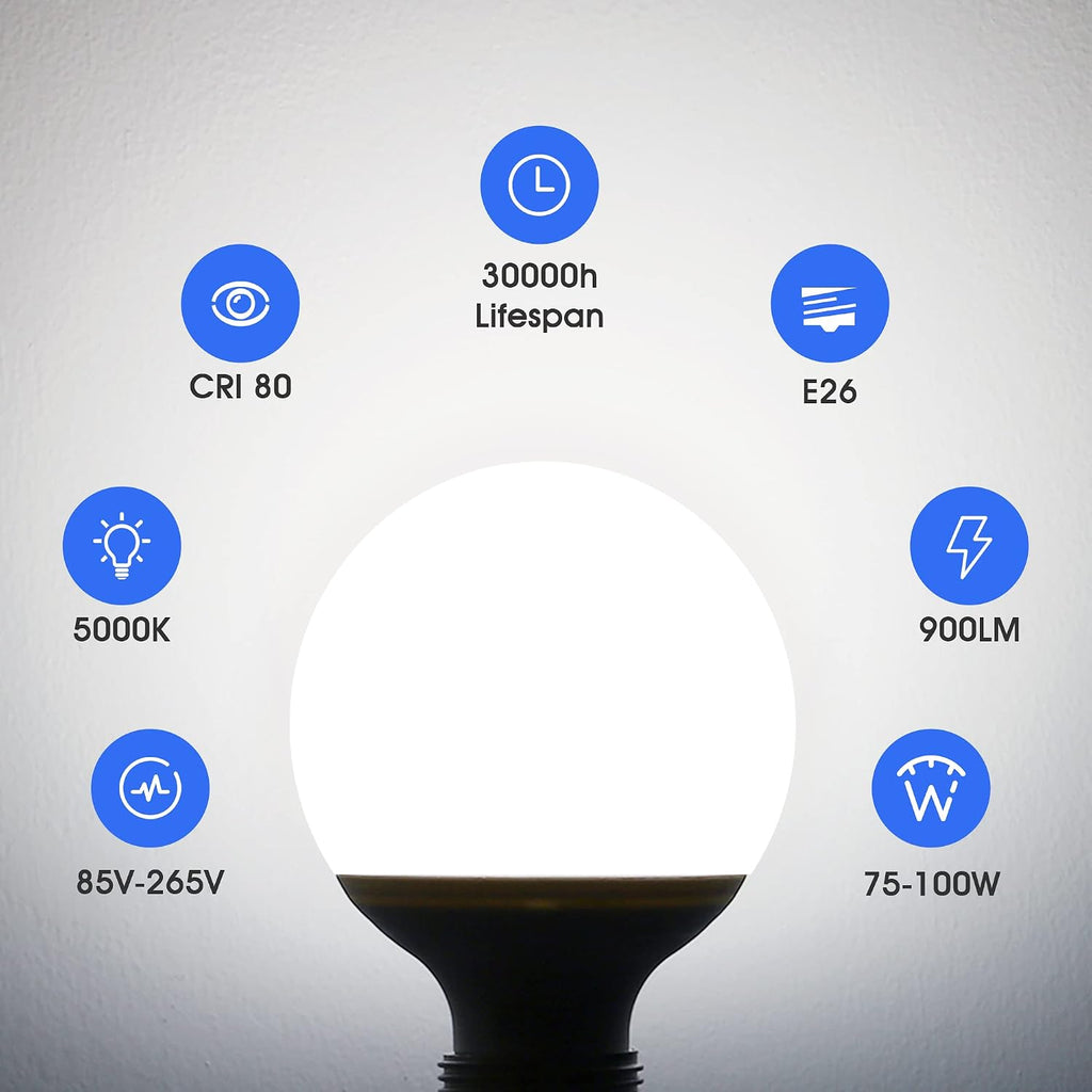 G25 LED Vanity Light Bulbs, 100W LED Globe Bulb Equivalent, 9W Vanity Bulbs for Bathroom, 5000K Daylight White 900LM