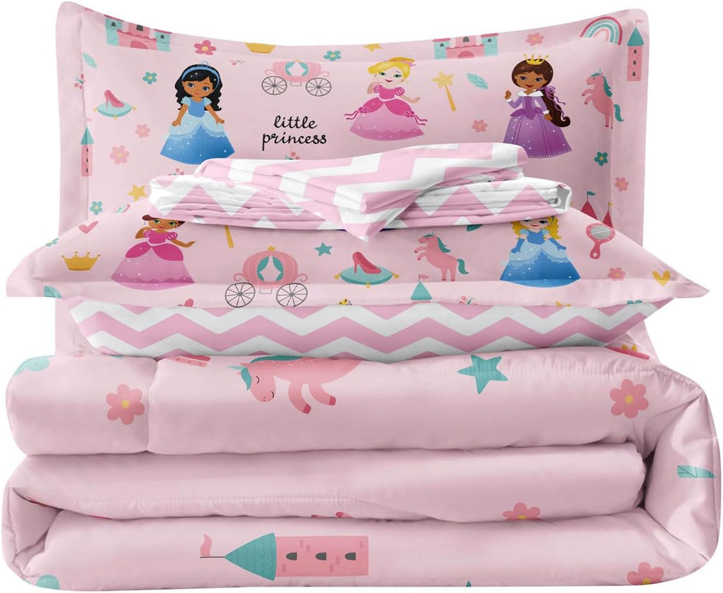 Kids Girls Princess Comforter Set Twin, Pink | Bed in a Bag, 5 Piece Set, Soft Cute Castle Bedding, 1 Comforter, 1