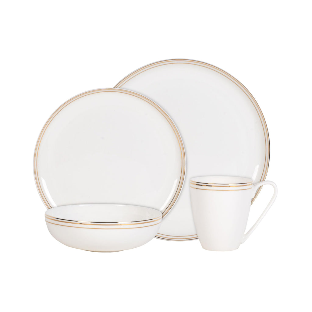 By Fitz and Floyd Nevaeh Bone China Coupe Gold Bands Dinnerware Set, Service for 4