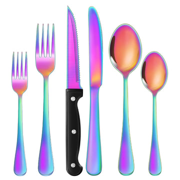 24-Piece Rainbow Silverware Set with Steak Knives Stainless Steel Flatware Set for 4 Food Grade Tableware Cutlery Set