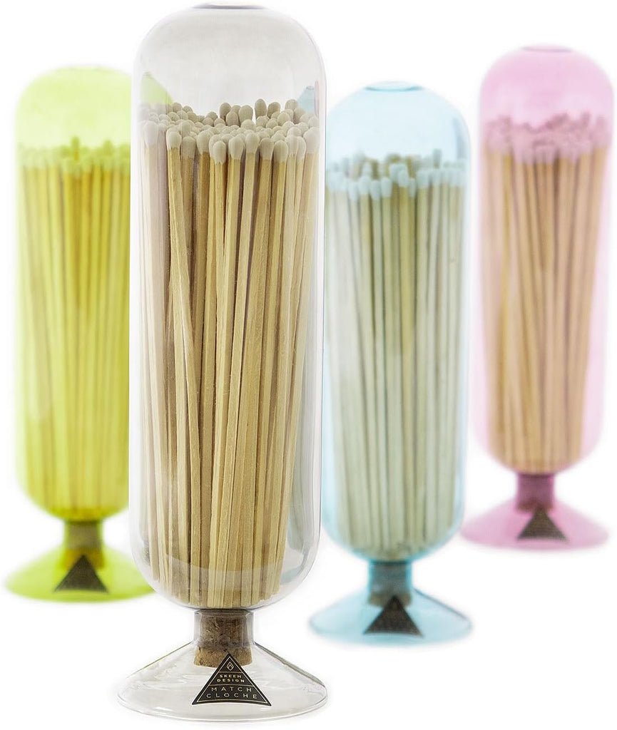 Fireplace Glass Match Cloche with Striker - Moss - Includes 120 Long Matches - Stylish and Functional Matches