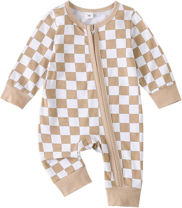 Newborn Baby Boy Girl Clothes Checkered Long Sleeve Zipper Romper Jumpsuit One Piece Bodysuit Fall Winter Outfit