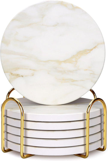 White Marble Style Ceramic Coasters with Holder Modern Coffee Table Decor Drink Coaster Gifts Absorbent - Set of 6