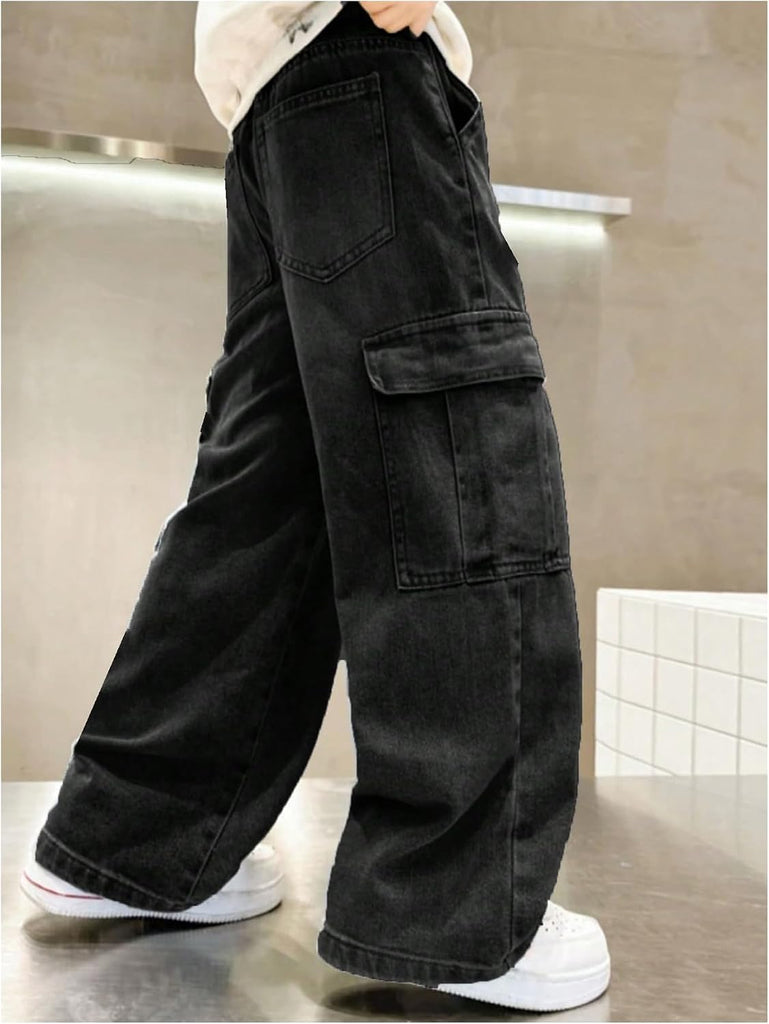 Boys Jeans Baggy Straight Leg Denim Cargo Pants with Pockets