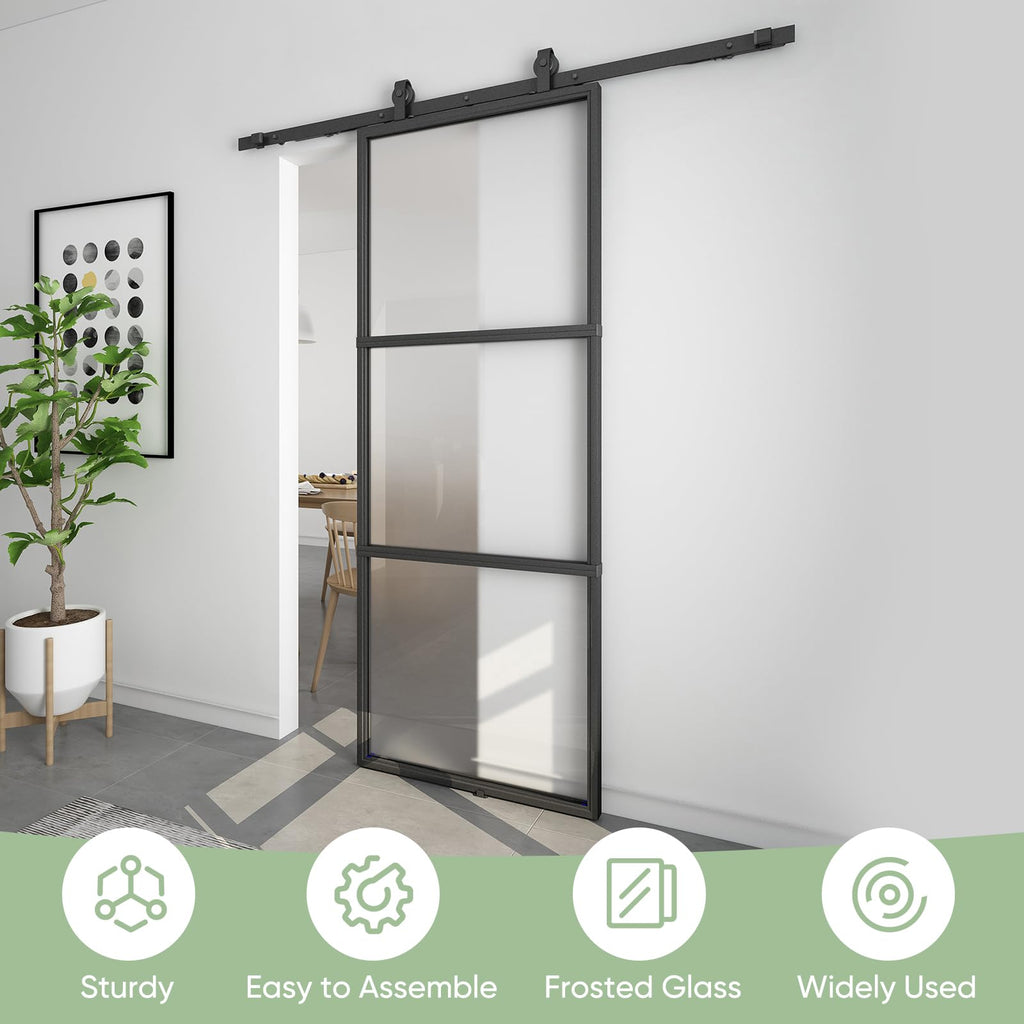 36in x 96in Metal Frosted Glass Barn Door with 6FT Hardware kit