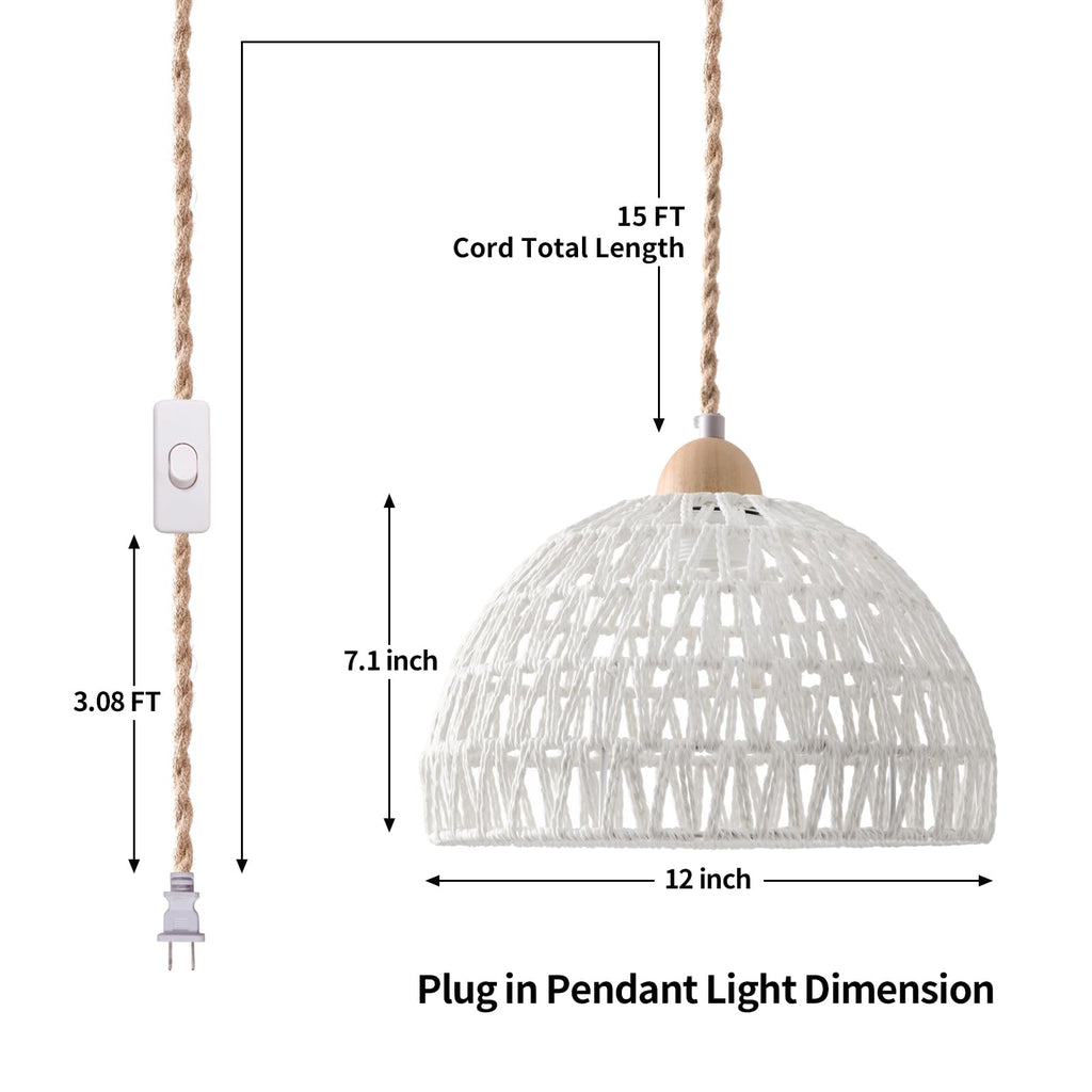 Plug in Pendant Light, Hanging Lamp with Plug in Cord, Hand Woven Rattan Lamp Shade, 15FT Hemp Rope Pendant Lamp Cord