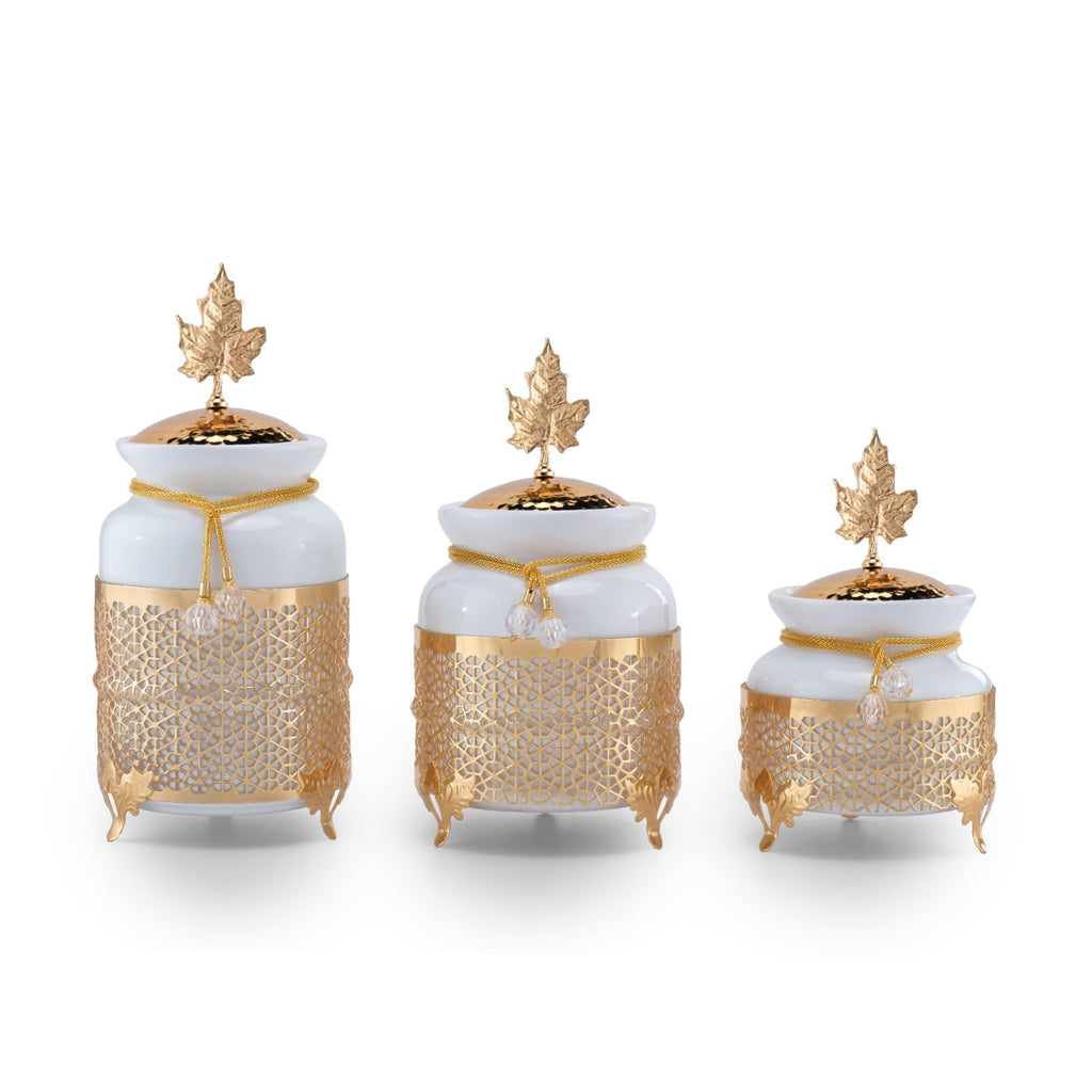 Canisters Sets for the Kitchen, Ceramic Kitchen Canisters for Countertop with Metal Leaf Lids, Sugar Containers for