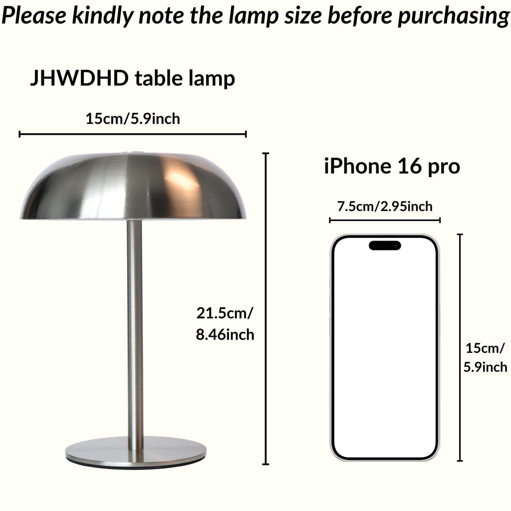 Cordless LED Mushroom Table Lamp, 5200mAh Battery, Dimmable 3 Color, Silver