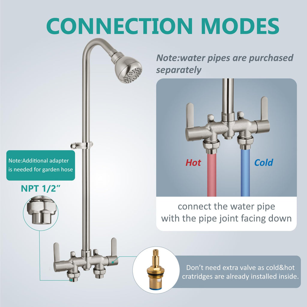 Outdoor Shower Kit, 3-Inch Center, 2-Handle, Brushed Nickel