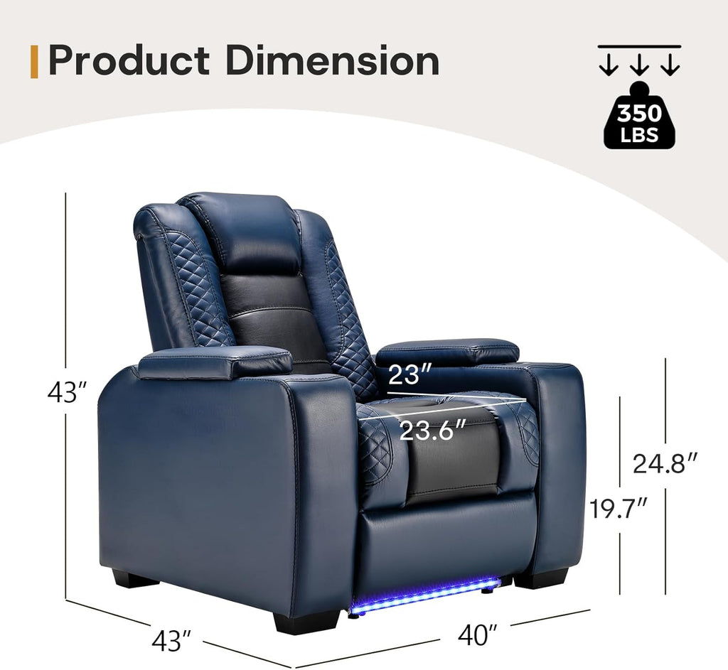 Power Home Theater Seating Set of 3, Blue Faux Leather Electric Recliner Chair with Powered Headrest, Dual Motors Movie Reclining Chairs with LED Lights,USB Port,Cup Holders, Hidden Arm Storage A120-B0D8BXG33V
