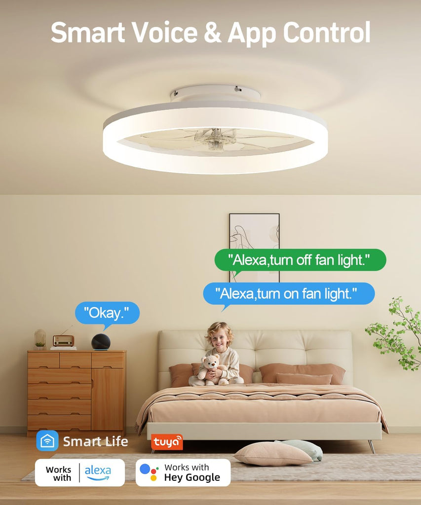 Smart Ceiling Fans with Light and Remote,20" Low Profile Ceiling Fan with 6-Speed & Dimmable LED