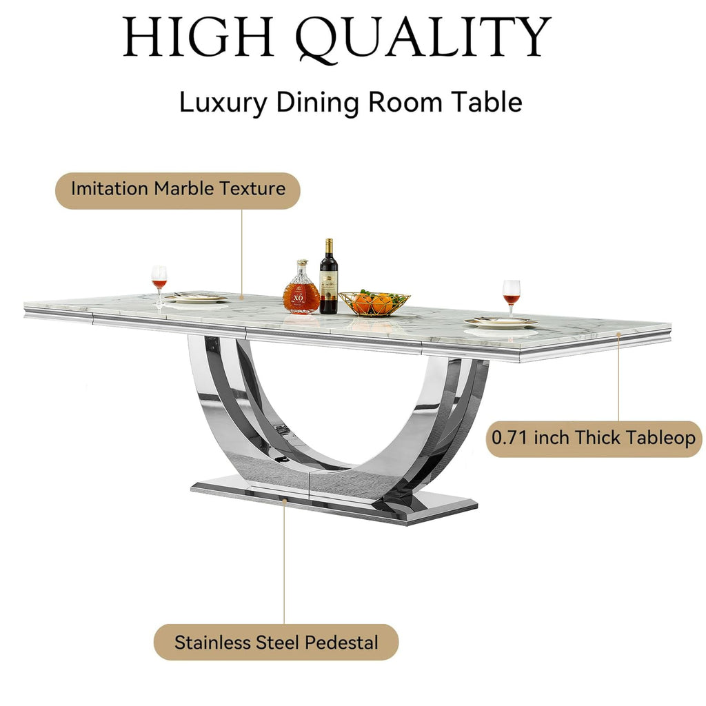 Large 94.5" Marble Dining Table, Luxurious White Dining Room Table with Printed Faux Marble Tabletop and Silver