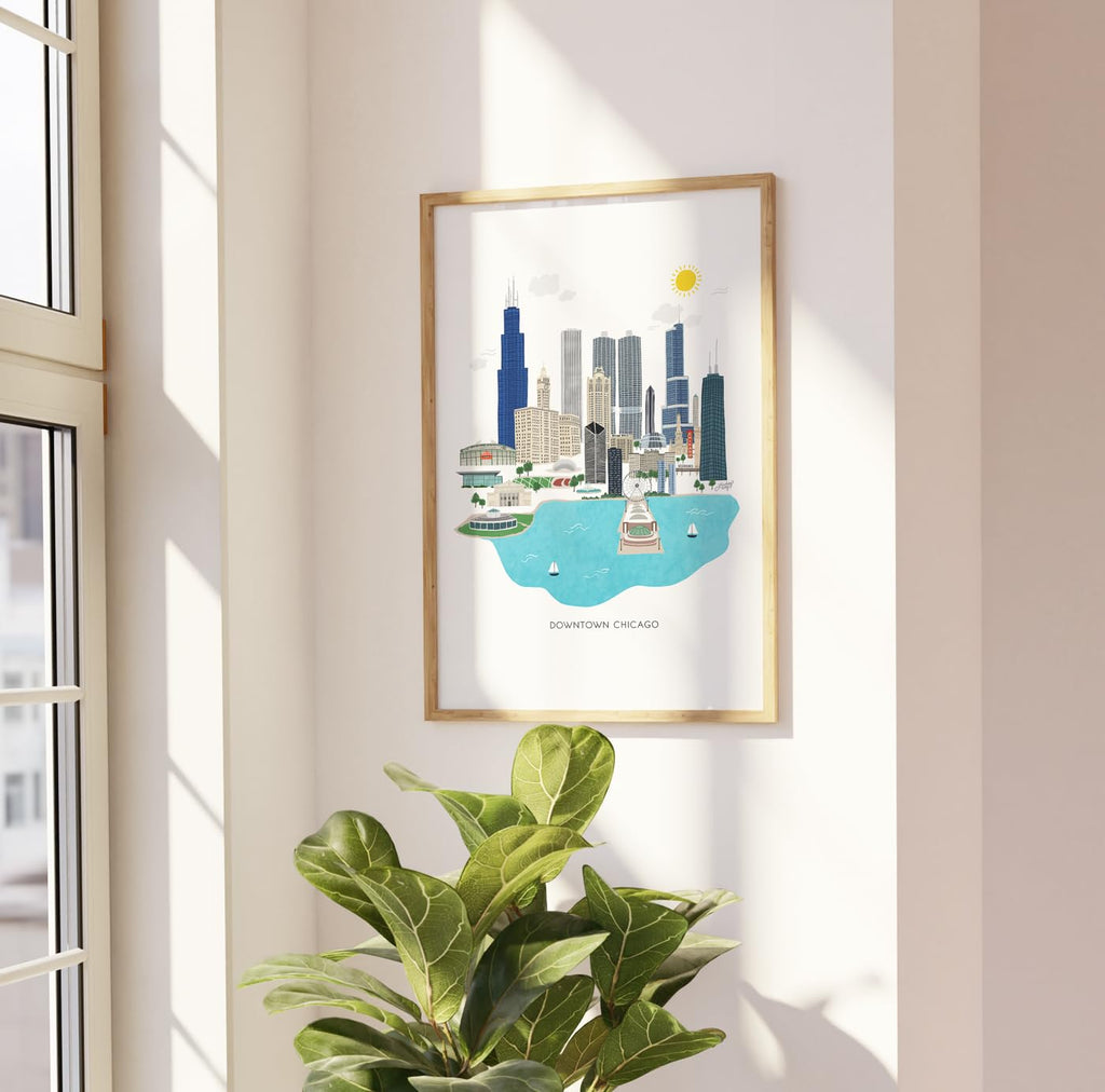 Chicago City Skyline Print 12x16 | Wall | Illustration | Buildings | Downtown | Cityscape | Illinois | Trendy