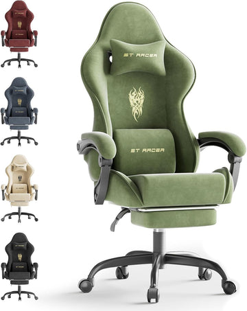 Velvet Fabric Racing Gaming Chair for Adults - Ergonomic Gamer Chair with Massage Lumbar, Footrest & Spring Cushion |