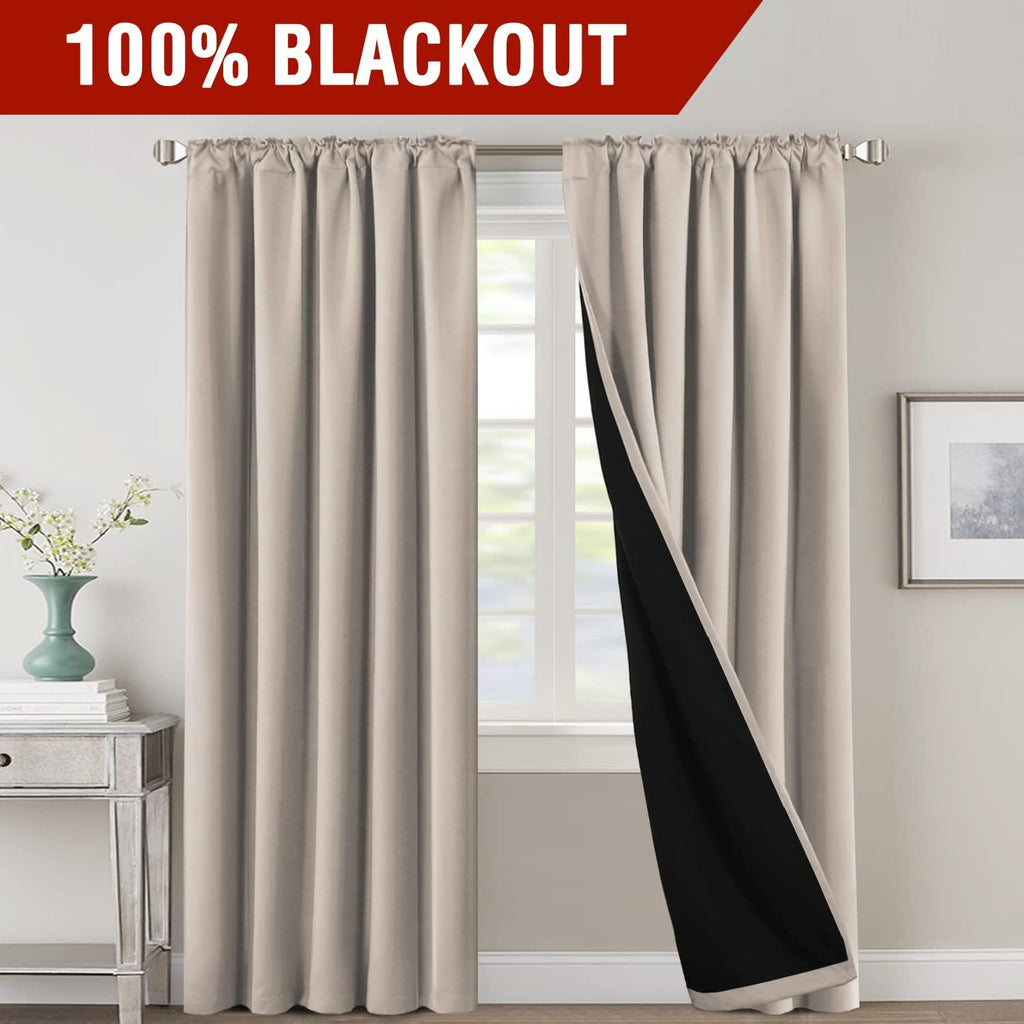 100% Blackout Curtains for Bedroom with Black Liner Full Room Darkening Curtains 96 Inch Long Thermal Insulated Back
