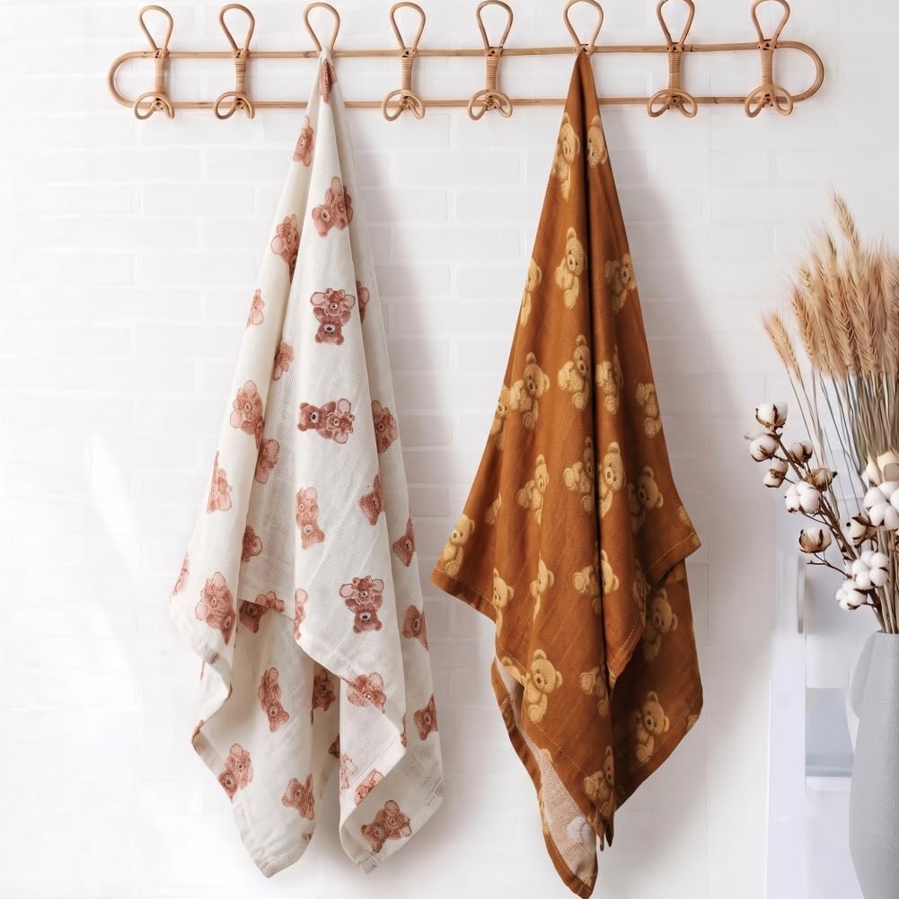 Muslin Swaddle Blankets Bear 100% Cotton Breathable Receiving Blankets Soft and Large 47 x 47 Inches Newborn