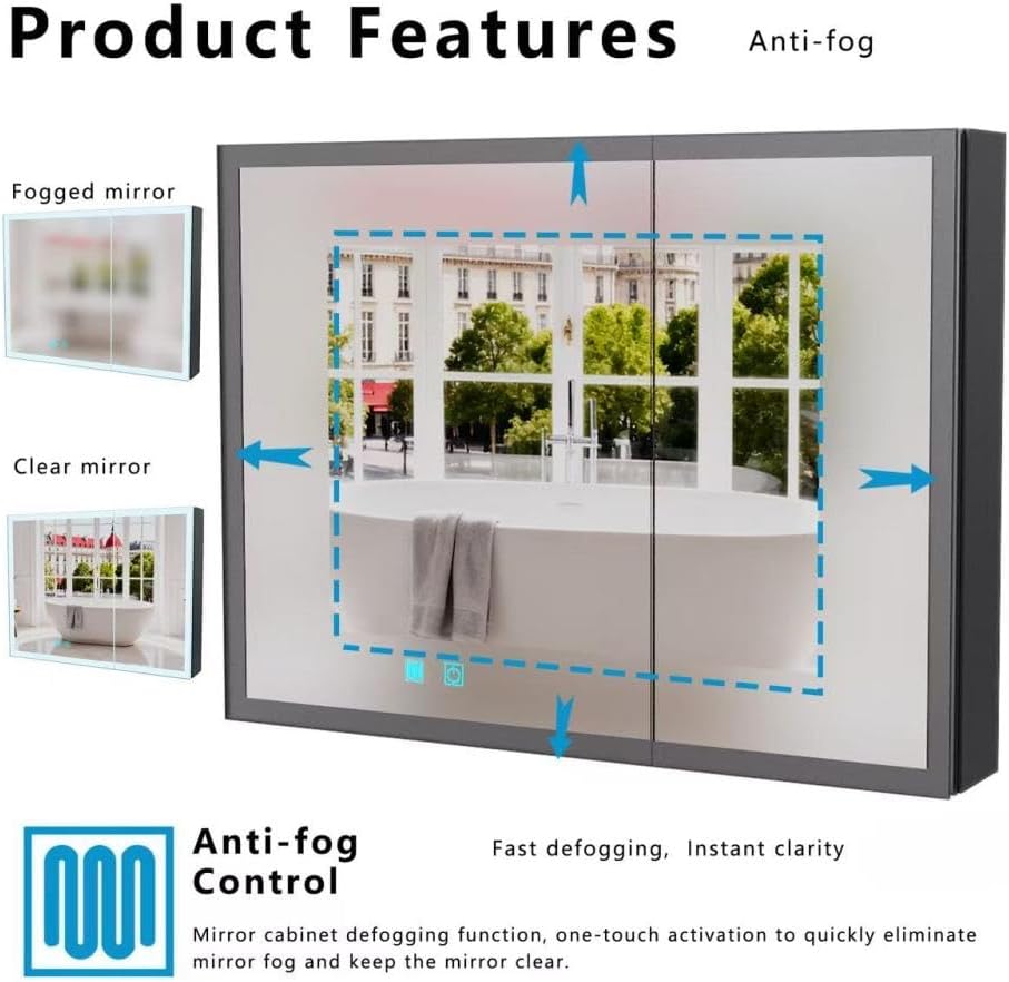 Slim Bathroom Storage Cabinet with LED Mirror | Medicine Cabinet Organizer with Anti-Fog & Shelves | Over The Toilet