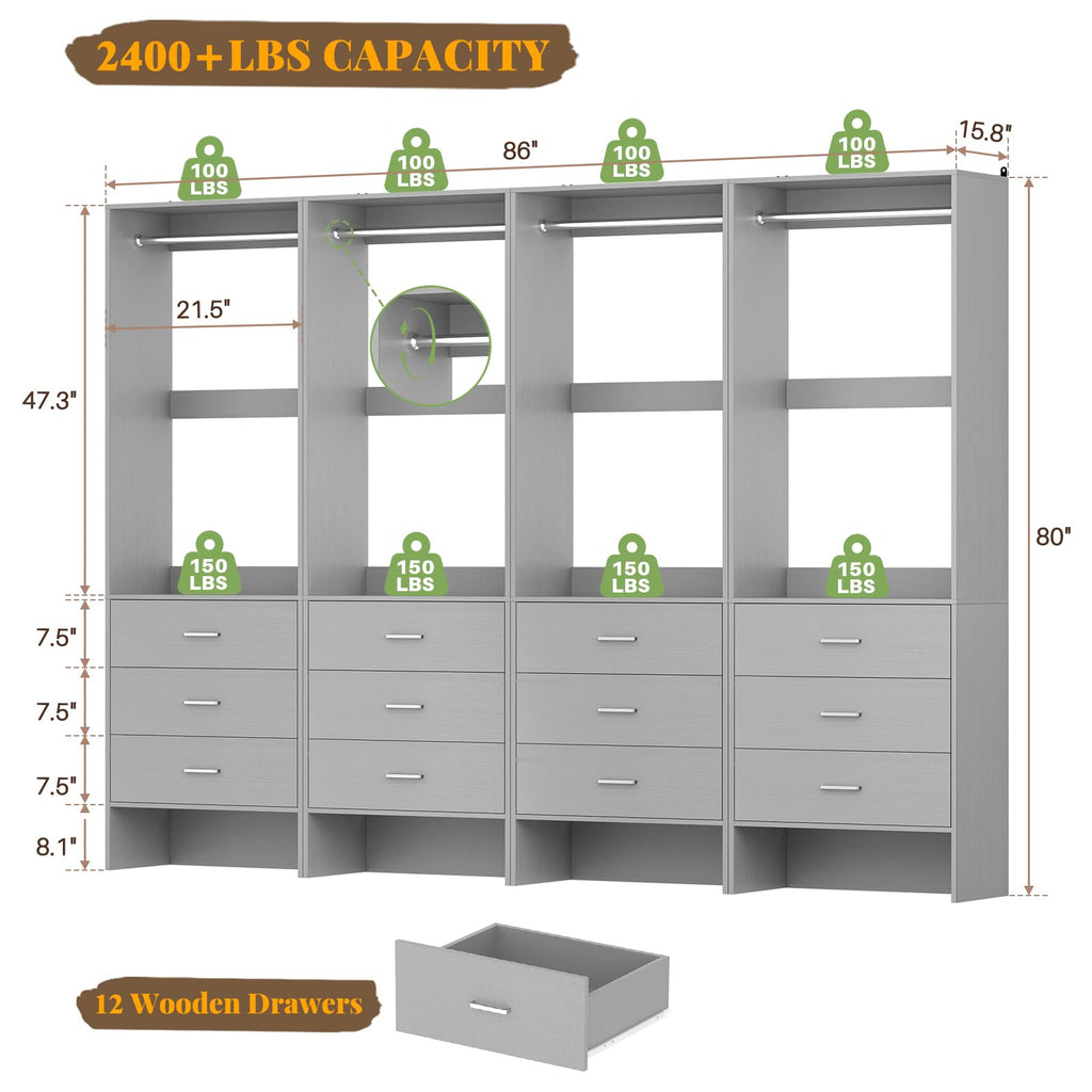 Closet System Closet Organizer, 7.2FT Closets, Set of 4, Grey