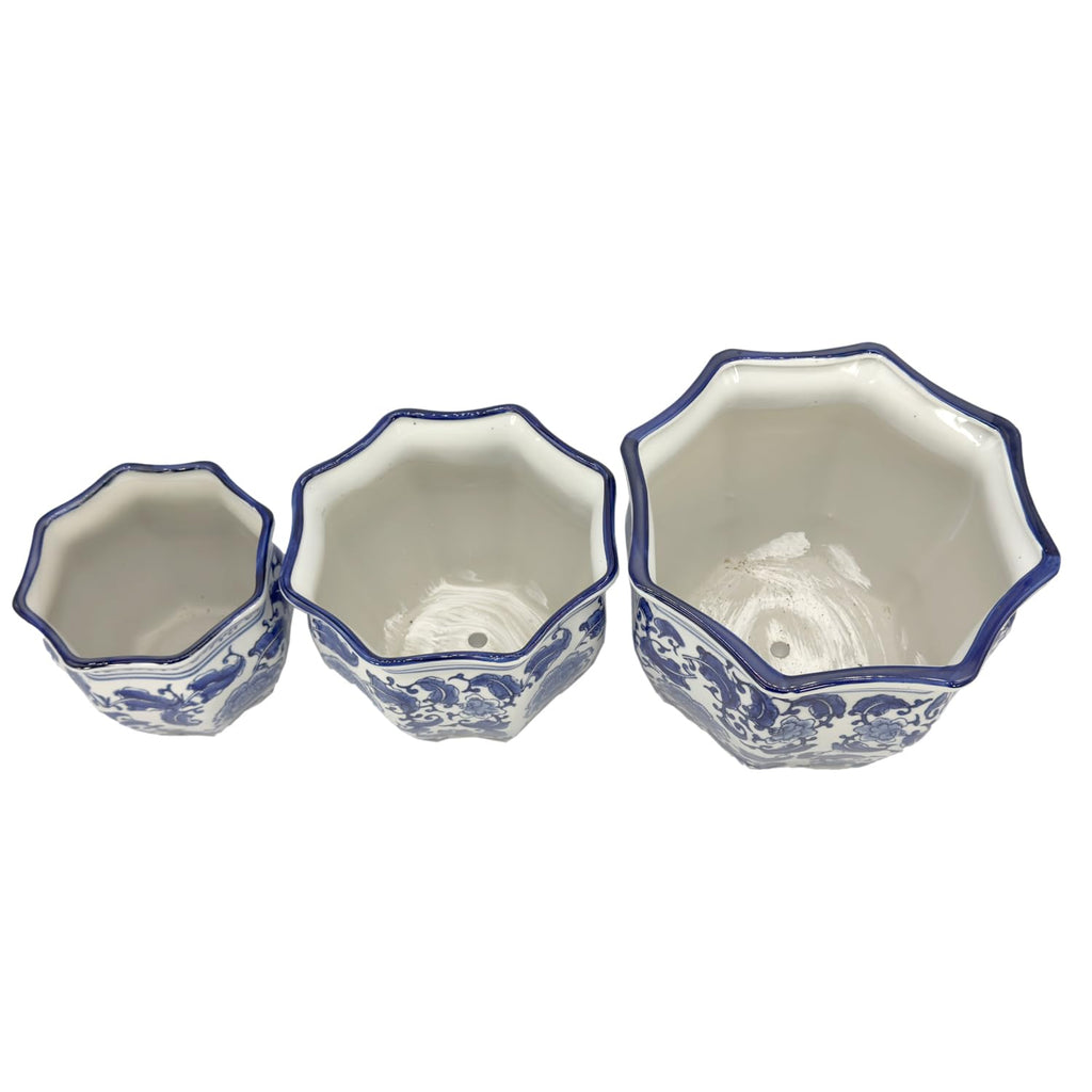 Blue & White Round Fluted Classic Floral Porcelain Ceramic Plant Flower Planter Pot Set of 3 (7.5", 10", 13") Garden