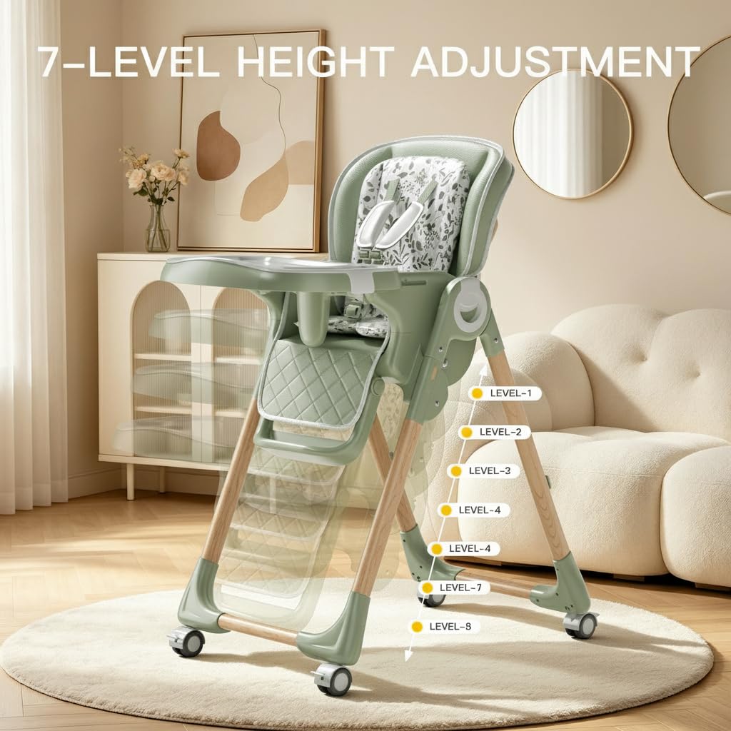 Baby High Chairs for Babies and Toddlers 0-3(Sage Green) | 7-Height Adj High Chair, 3-Pos Tray, 4-Recline, Removable