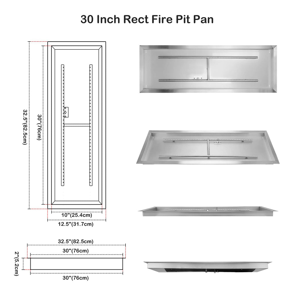 30 x 10 Inch Rectangular Drop-in Fire Pit Pan with H-Burner