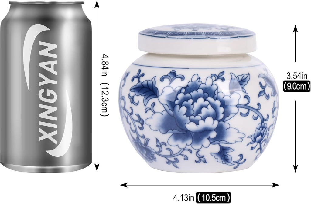 Elegant Mini Blue and White Porcelain Ceramic Ginger Jar With Twist Lid - Modern Twist on Traditional Design (Peony