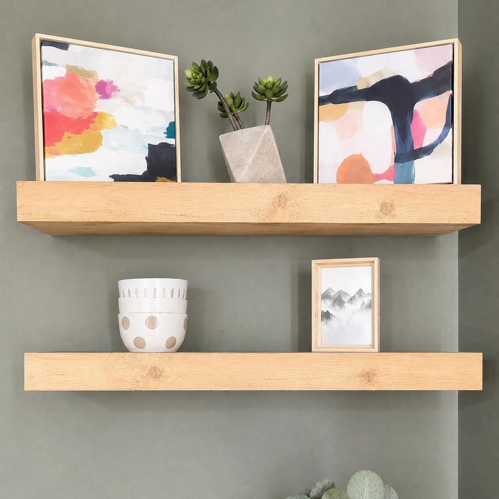 Modern Floating Shelves 3 Inches Thick for Wall, Wide Shelves, and Bathroom, Natural Pine Wood, Rustic Wooden Shelf