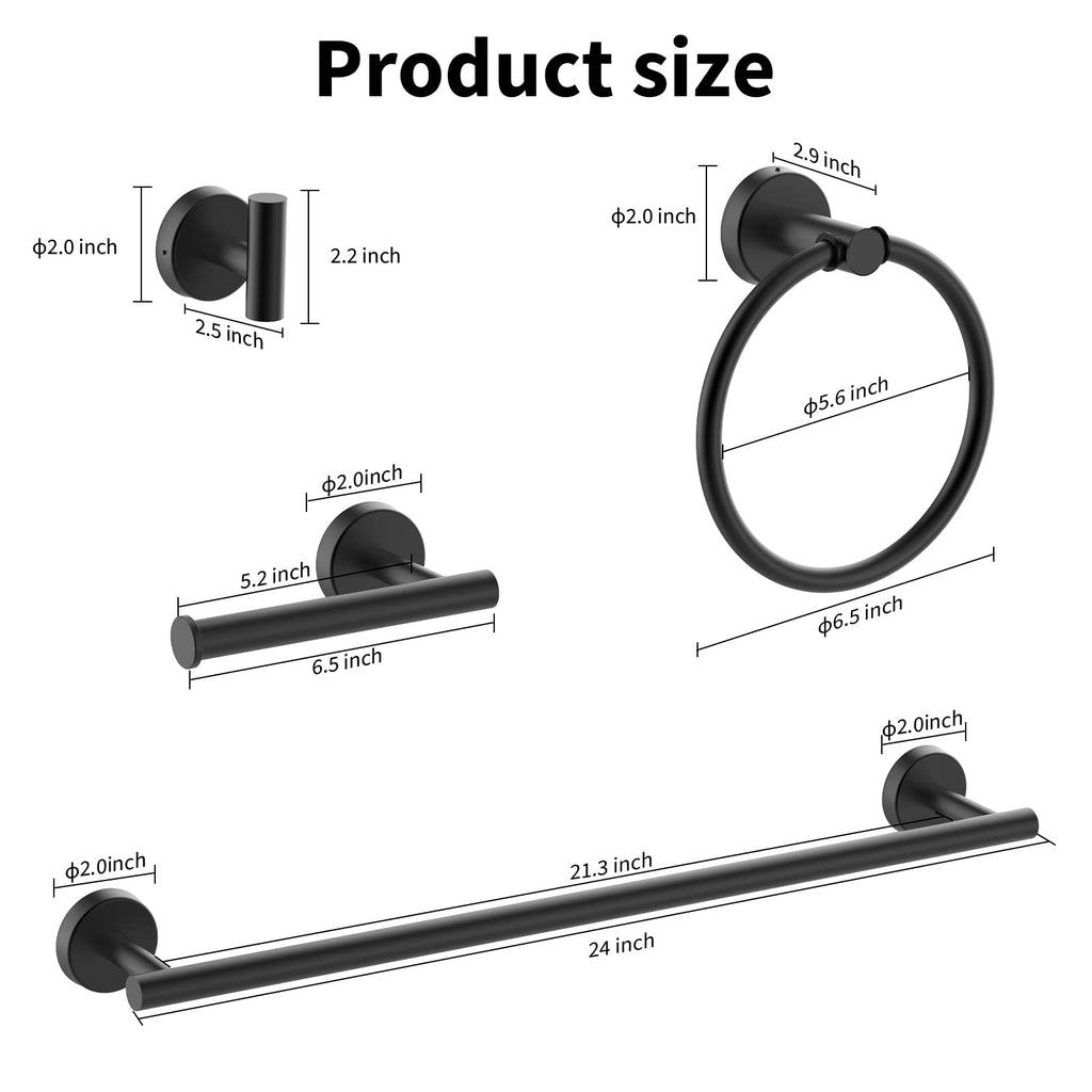 8 Piece Matte Black Bathroom Hardware Set, 24inch Towel Bar Set